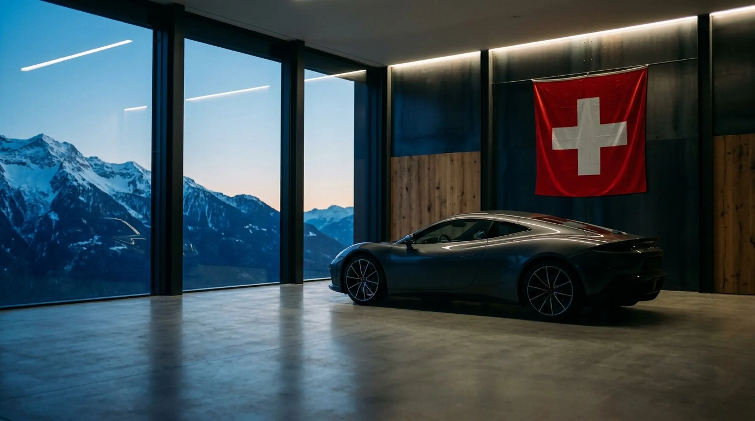Atelier automobile épuré avec drapeau suisse et vue sur les Alpes