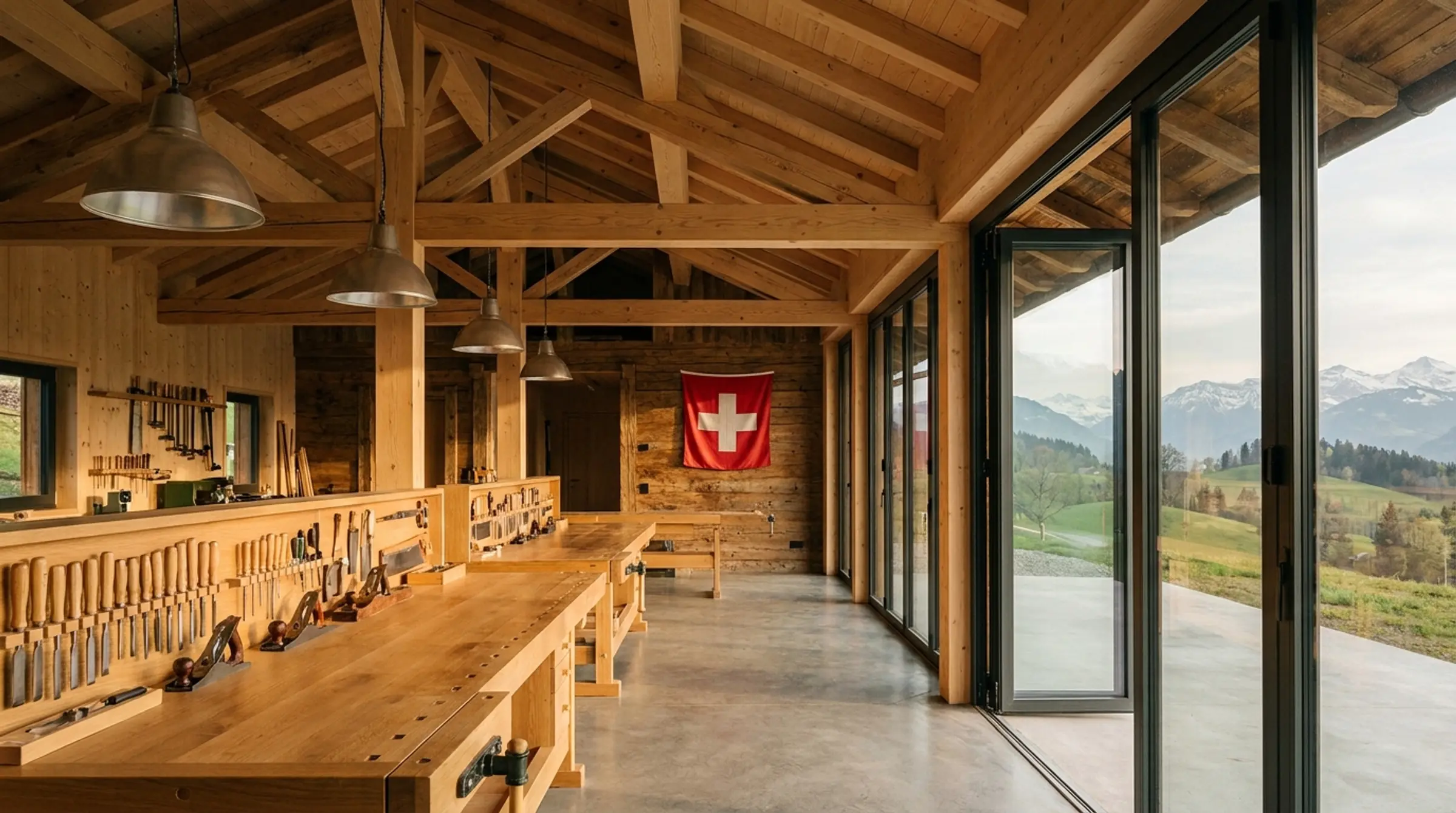 Atelier de charpente en bois clair avec drapeau suisse et vue sur les collines