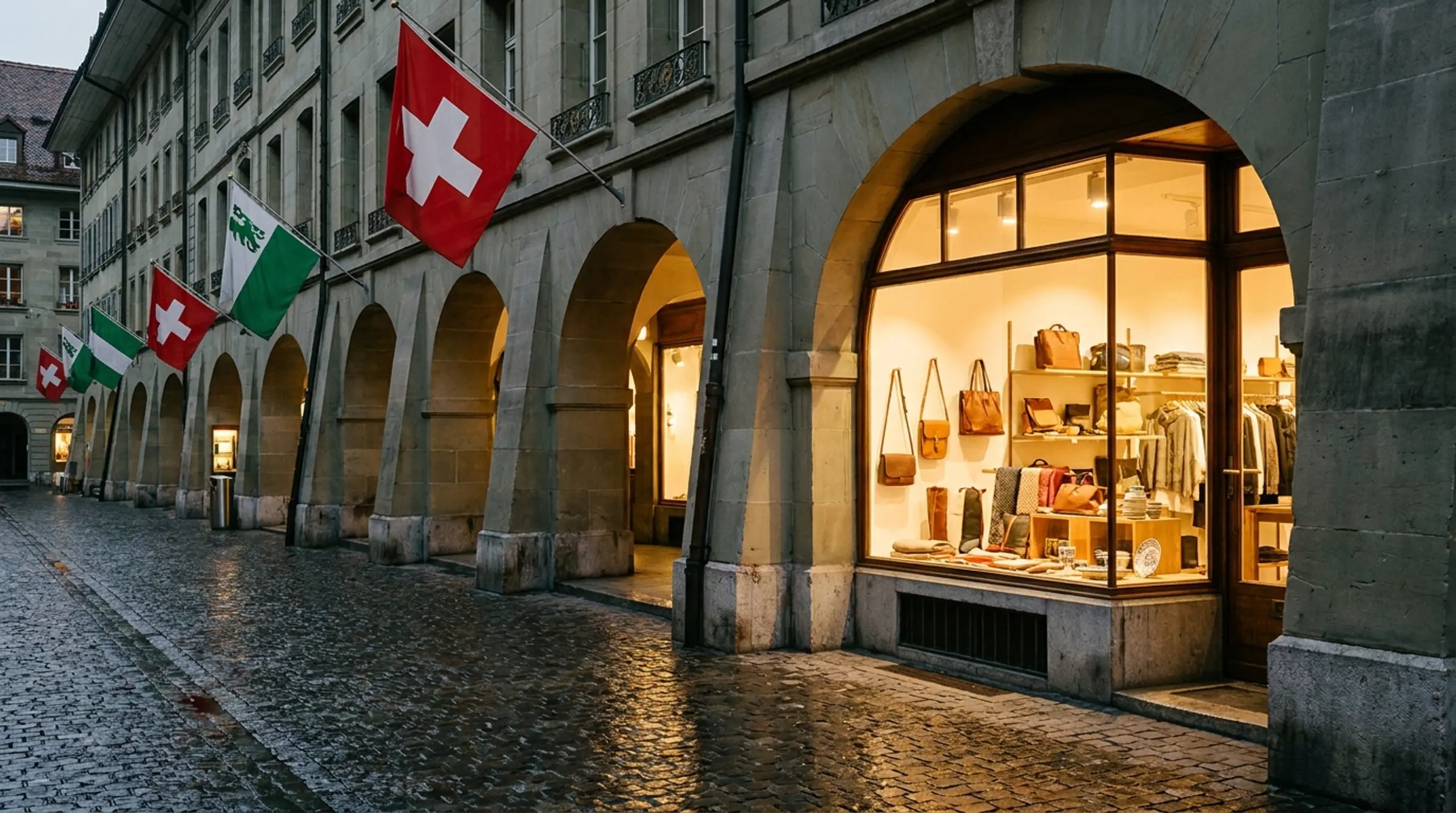 Vitrine éclairée sous les arcades d'une vieille ville suisse, drapeaux aux façades