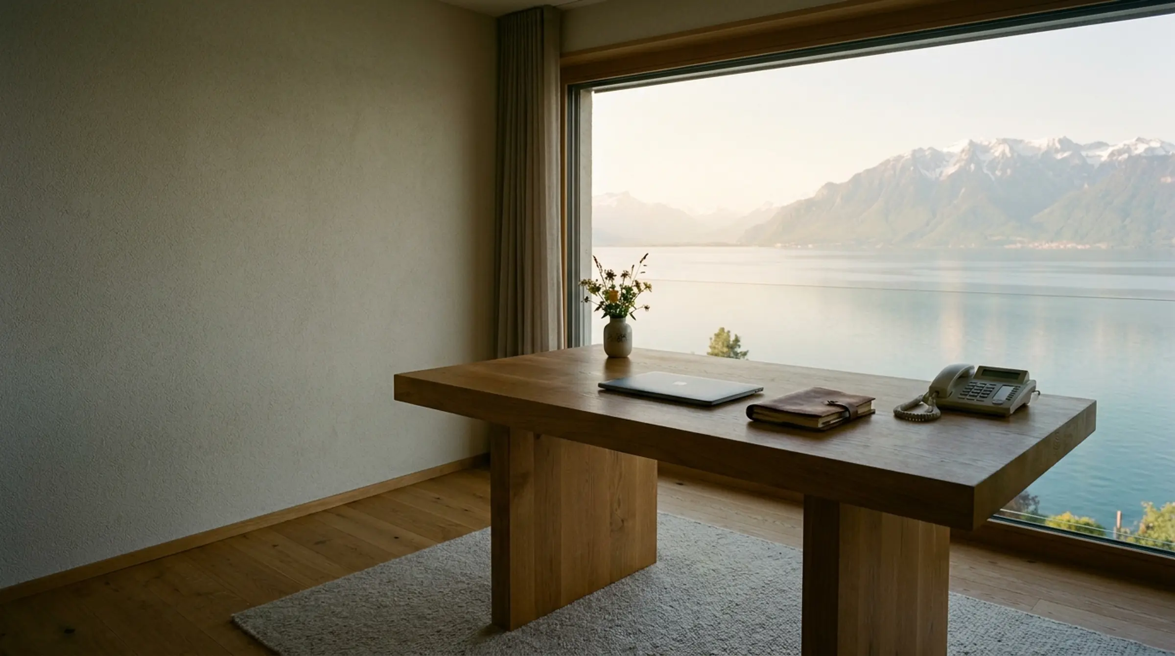Bureau en bois devant une baie vitrée ouverte sur le Léman et les Alpes