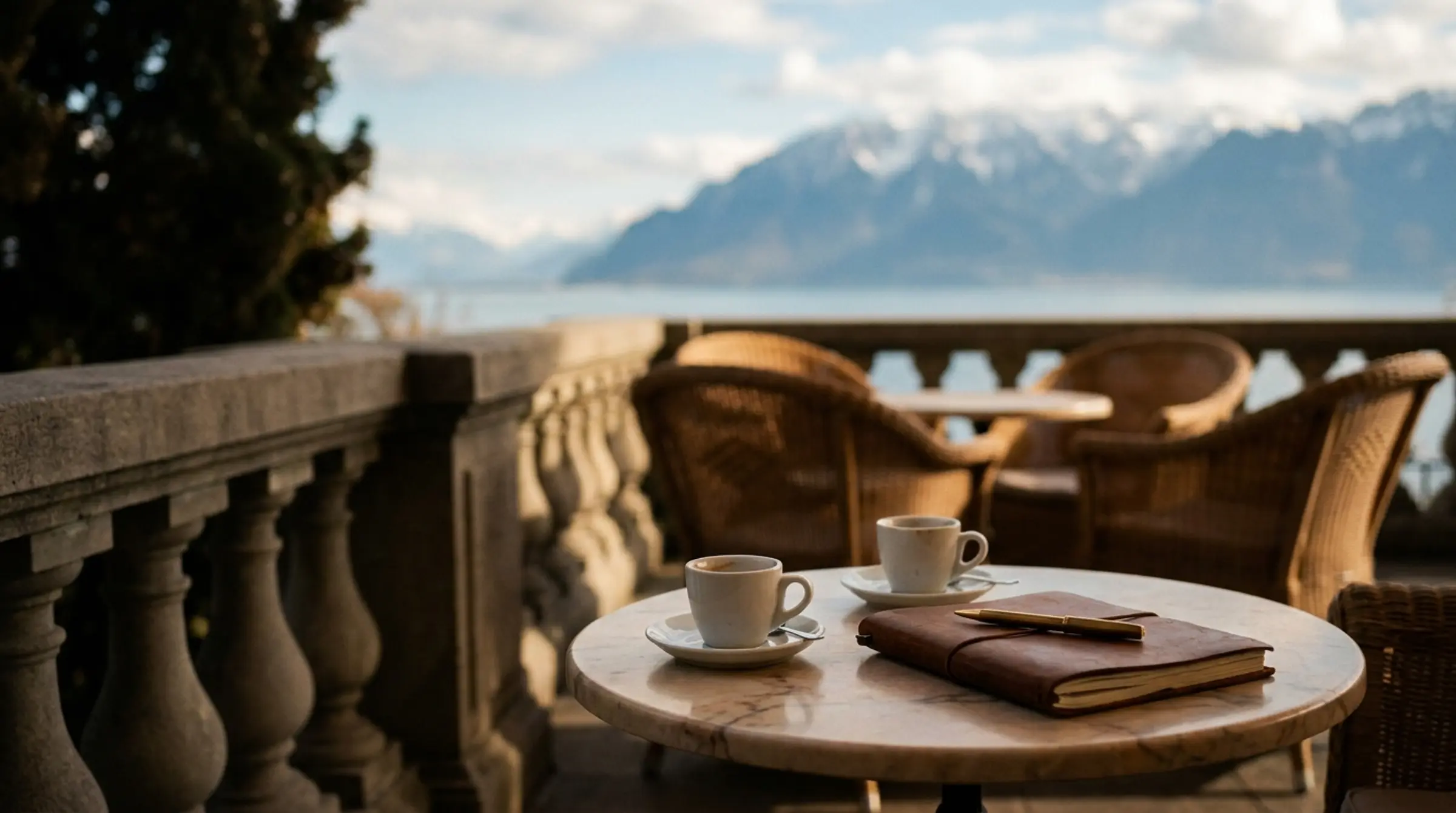 Deux tasses de café et un carnet sur une terrasse face au lac