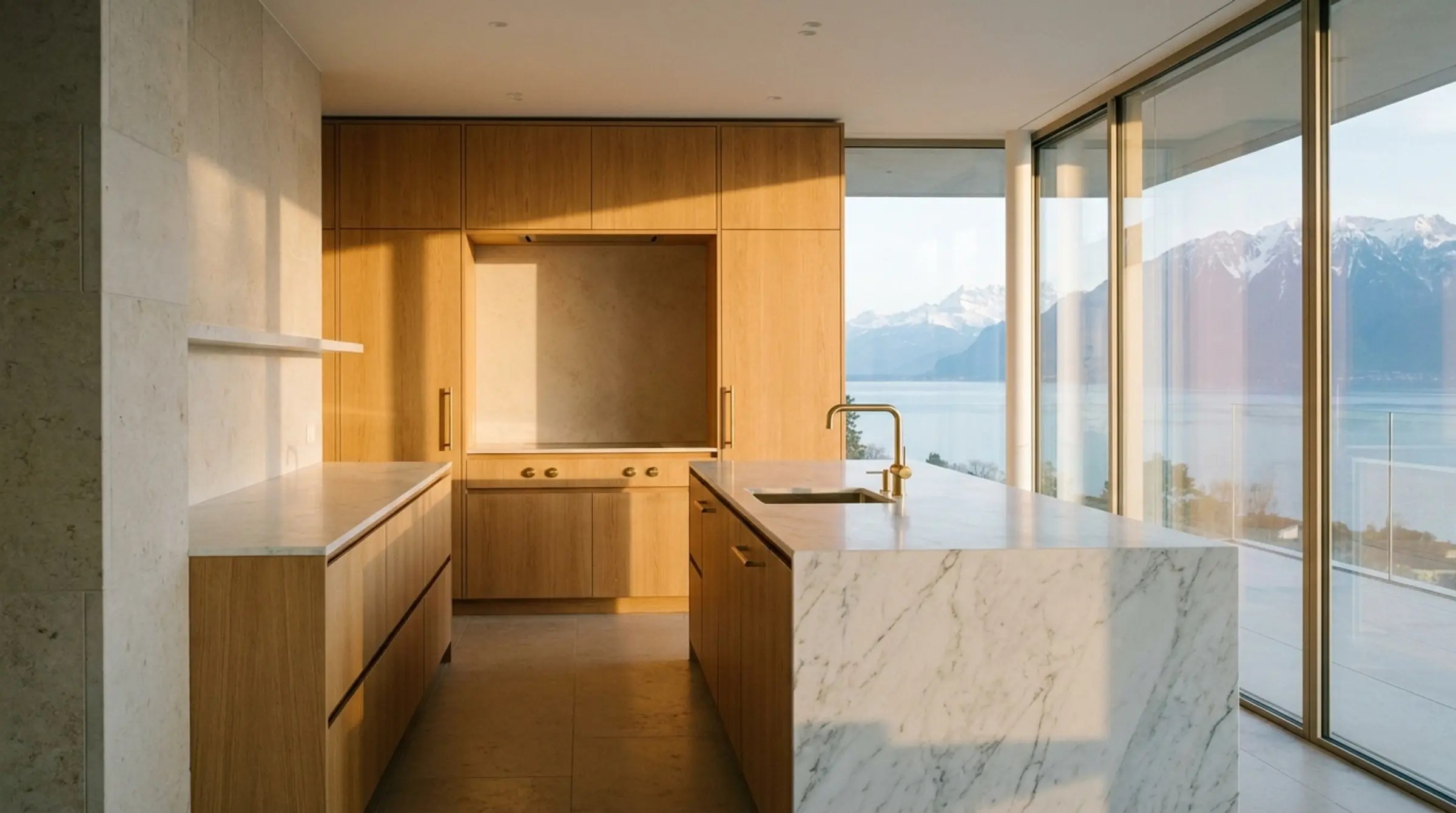 Cuisine en chêne et marbre blanc face au Léman et aux Alpes