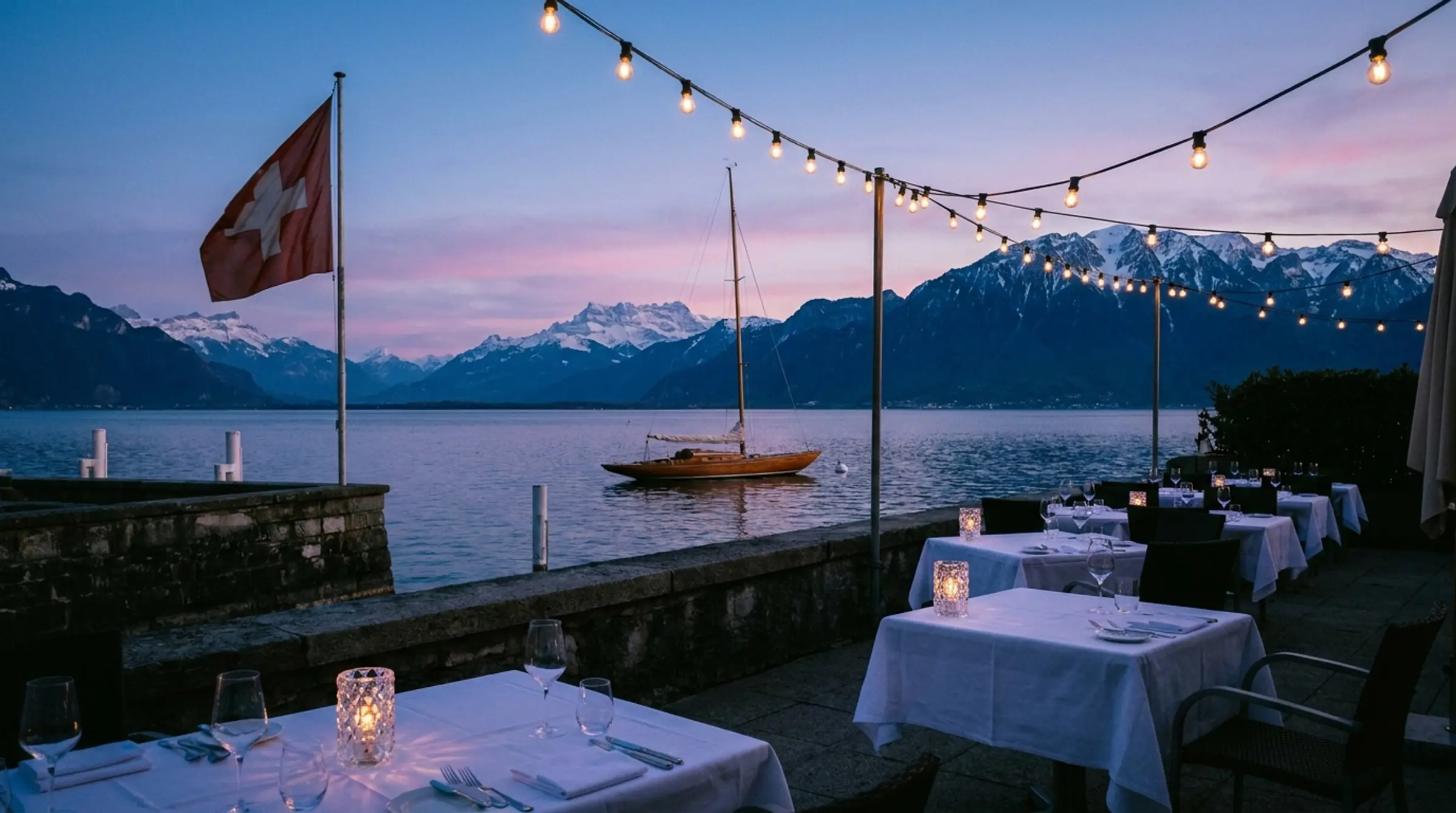 Terrasse de restaurant au bord du Léman à l'heure bleue, drapeau suisse