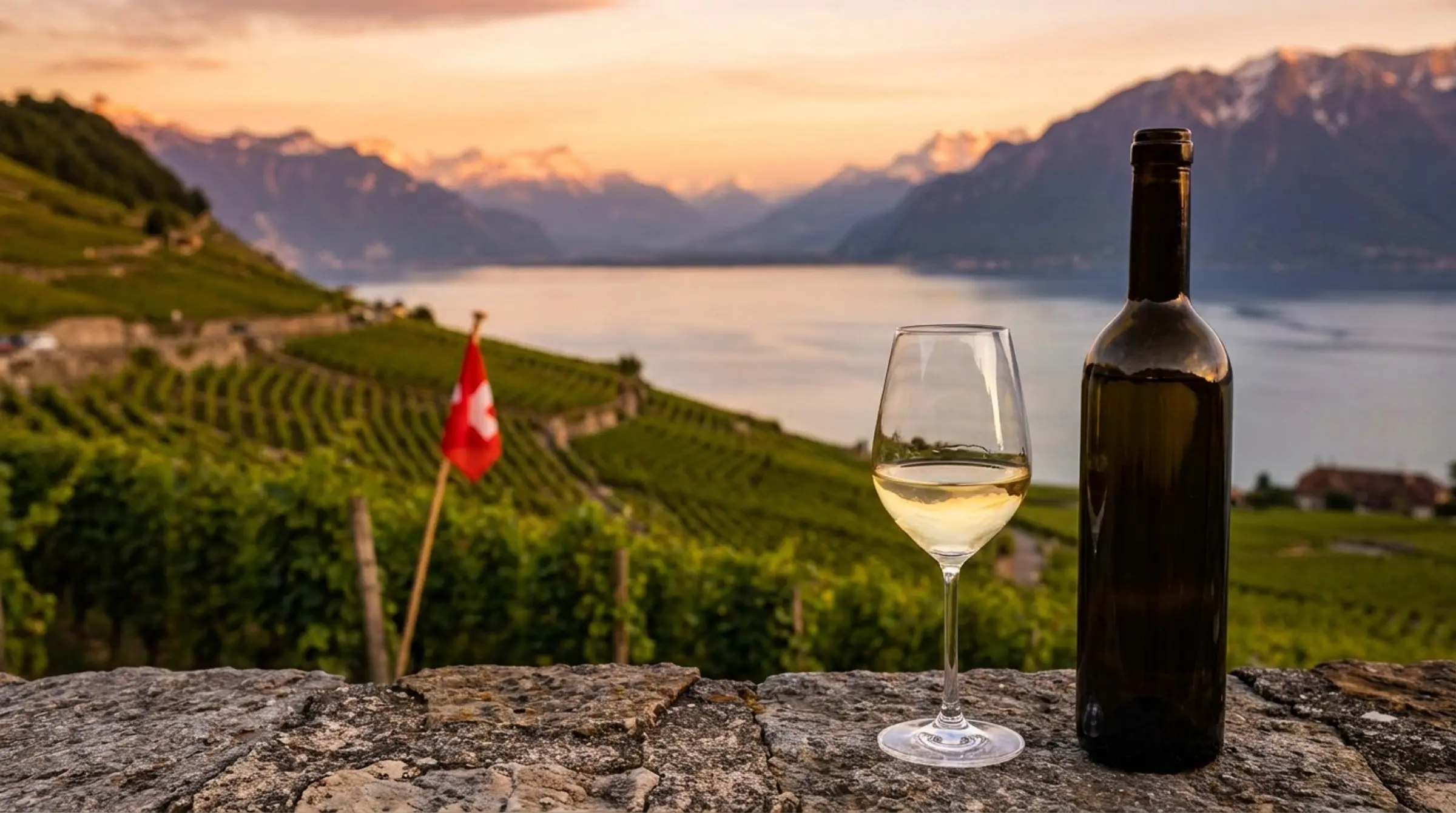 Verre de vin blanc sur un muret, vignes en terrasses au-dessus du Léman