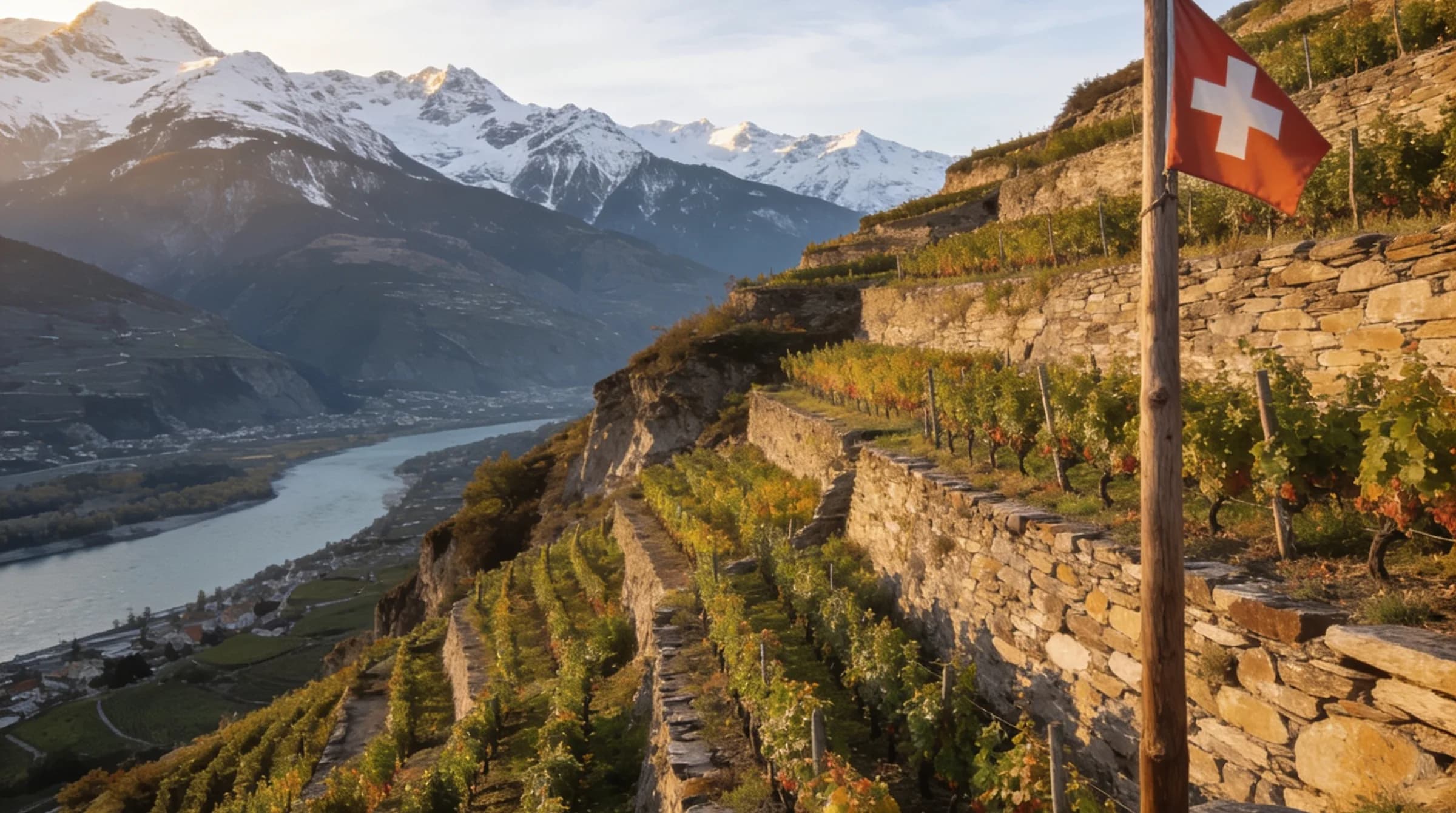 Vignoble en terrasses au-dessus du Rhône en Valais, drapeau suisse et Alpes enneigées